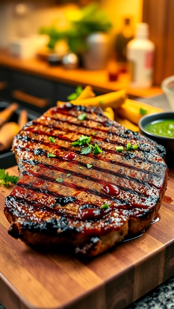 Juicy air fryer steak garnished with herbs, served with roasted vegetables and chimichurri sauce on a wooden board.